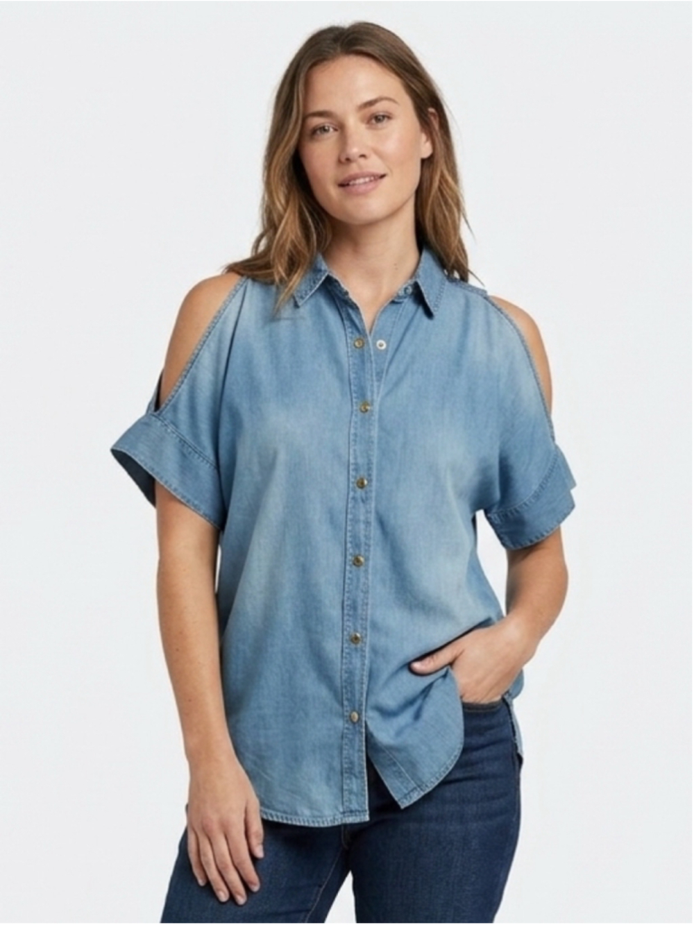 Women's Michael Kors Short Sleeve Denim Shirt Chambray Gold Button Down S - 787